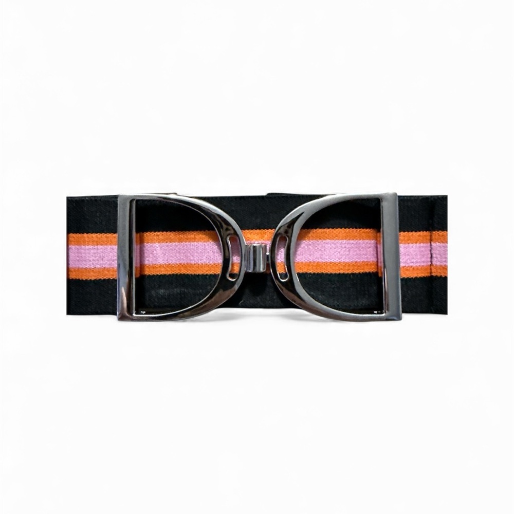 NWT Luxequine 1 1/2” Black Orange & Pink Striped Belt w/Silver Stirrup Buckle - Picture 3 of 4